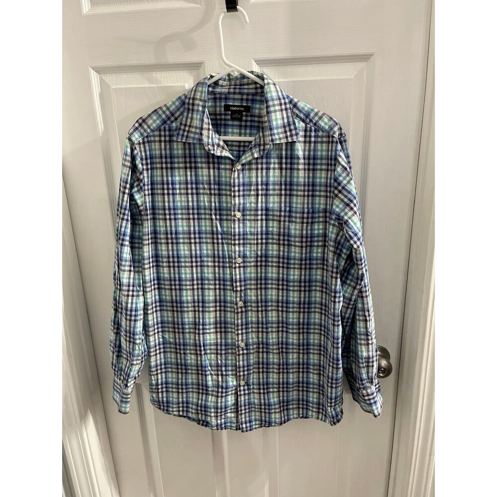 Claiborne Button Down Shirt Size LT Blue/Green/White